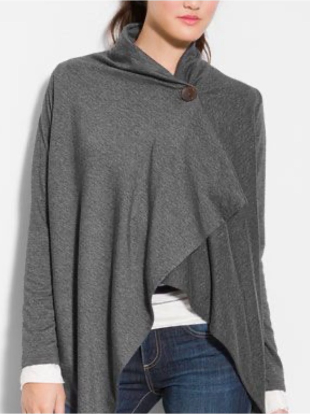 Bobeau One-Button Fleece Wrap Cardigan/Poncho/Cape Gray S